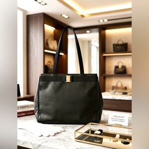 Ferragamo Black Lizard Embossed Large Vara Bow Satchel Tote